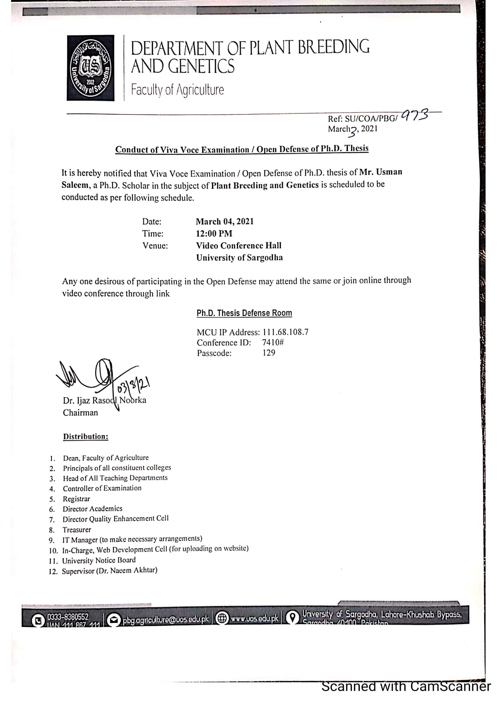 Conduct of Viva Voce Examination / Open Defense of Ph.D Thesis (Colllege of Agriculture)